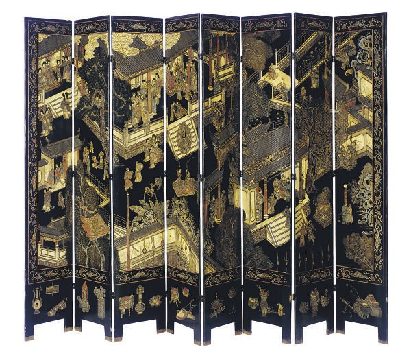 A CHINESE LACQUERED EIGHT PANEL FLOOR SCREEN,