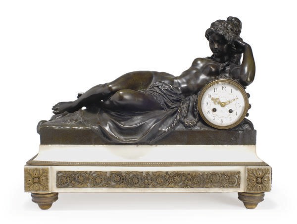 A FRENCH ORMOLU-MOUNTED MARBLE FIGURAL MANTELCLOCK,