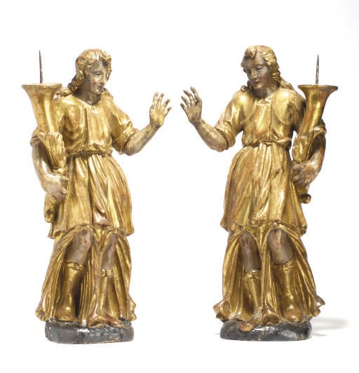 A PAIR OF ITALIAN POLYCHROME-DECORATED AND GILTWOOD FIGURAL CANDLESTICKS,