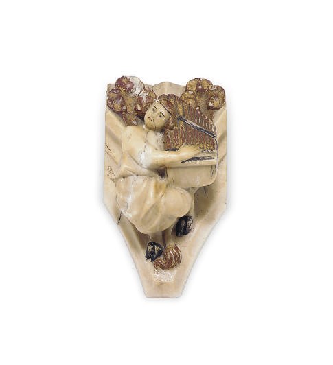 A POLYCHROMED AND GILT-DECORATED ALABASTER ARCHITECTURAL FRAGMENT,