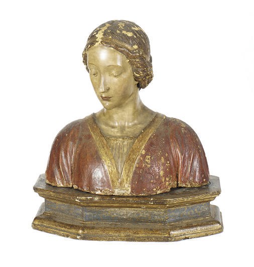 AN ITALIAN POLYCHROME-DECORATED AND GILTWOOD CARVED BUST OF A WOMAN,