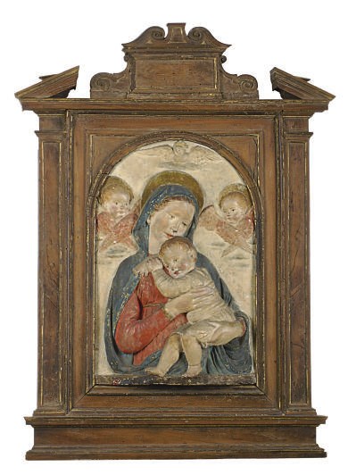 A POLYCHROME-DECORATED PLASTER RELIEF PANEL,