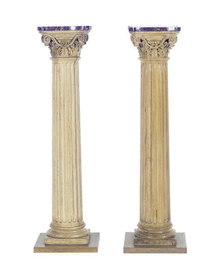 A PAIR OF OAK COLUMNAR MARBLE TOP PEDESTALS,