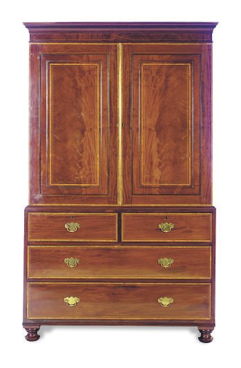 AN ENGLISH MAHOGANY AND CROSSBANDED LINEN PRESS,
