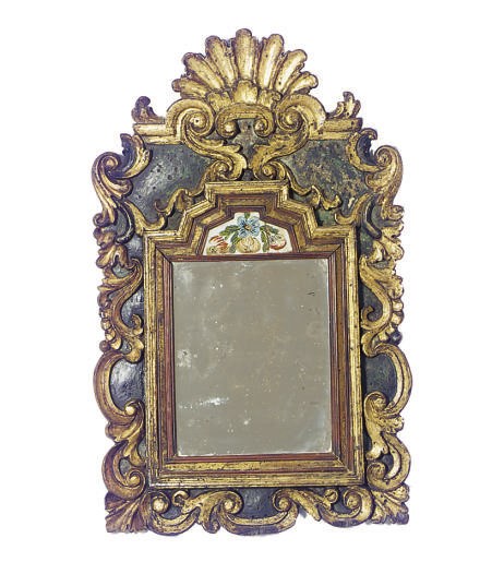 A CONTINENTAL EGLOMISE, GREEN-PAINTED AND PARCEL-GILT WALL MIRROR,