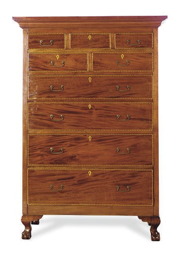 AN INLAID MAHOGANY TALL CHEST-OF-DRAWERS,