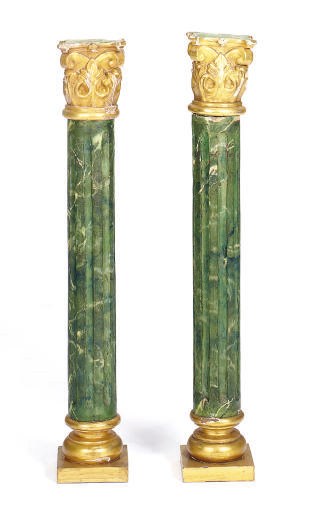 A PAIR OF PAINTED AND PARCEL-GILT FAUX MARBLE PEDESTALS,