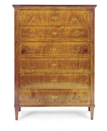 A CONTINENTAL MAHOGANY AND LINE-INLAID TALL CHEST-OF-DRAWERS,
