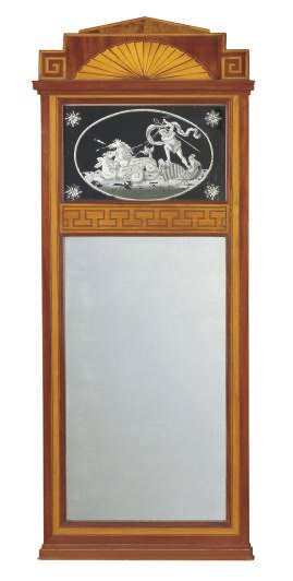 A DANISH MAHOGANY AND SATINWOOD VERRE EGLOMISE PIER MIRROR,