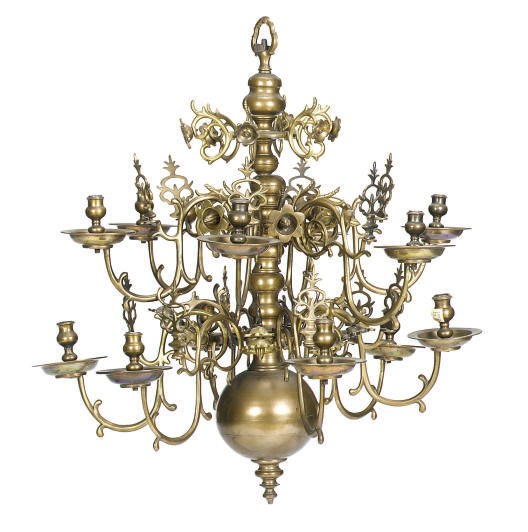 A DUTCH BRASS TWELVE-LIGHT CHANDELIER,