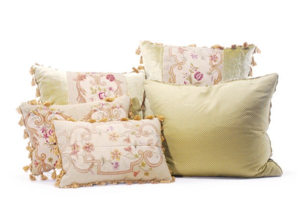 A GROUP OF FOUR AUBUSSON TAPESTRY PILLOWS,