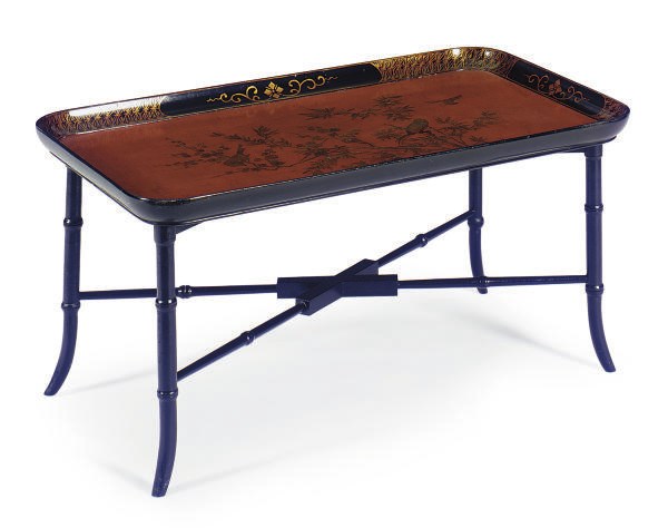 A SCARLET, BLACK AND GILT-DECORATED TRAY-ON-STAND,