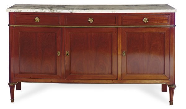A MAHOGANY AND MARBLE TOP SIDEBOARD,