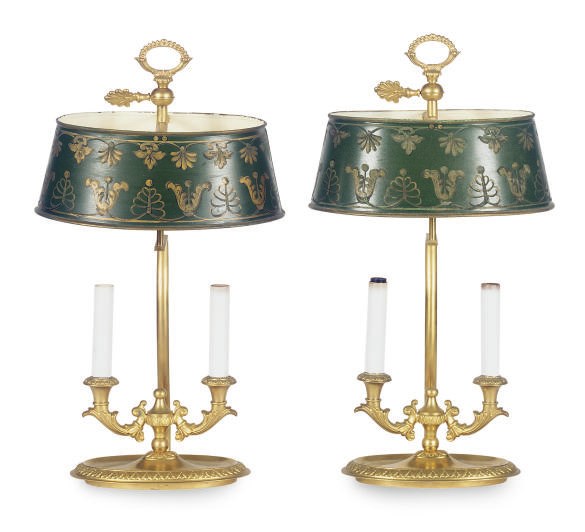 A NEAR PAIR OF GILT-BRONZE TWO-LIGHT BUILLOTTE LAMPS,