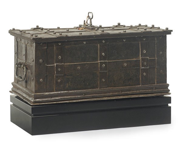 A WROUGHT IRON AND STEEL STRONGBOX,