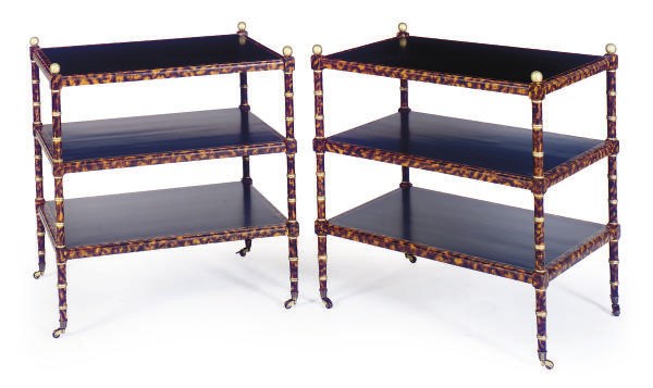 A PAIR OF PAINTED FAUX TORTOISESHELL AND PARCEL-GILT THREE-TIER SIDE TABLES,