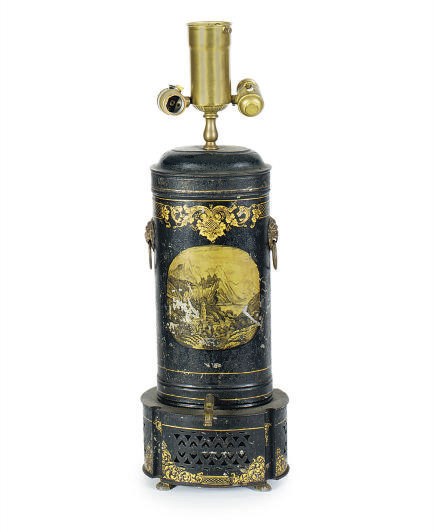 A TOLE PEINTE URN LATER MOUNTED AS A TABLE LAMP,
