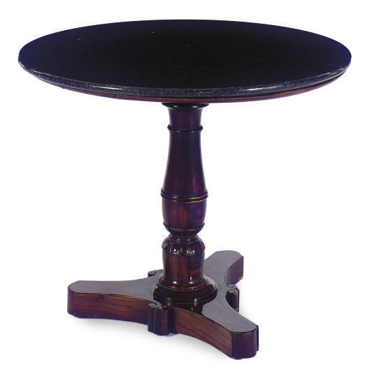 A CONTINENTAL MAHOGANY AND FOSSIL MARBLE TOP CENTER TABLE**,