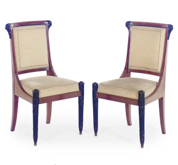 A PAIR OF CONTINENTAL MAHOGANY AND EBONIZED SIDE CHAIRS,