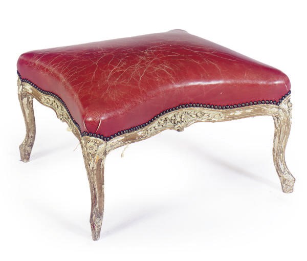 A FRENCH GREY-PAINTED AND RED LEATHER UPHOLSTERED TABOURET,