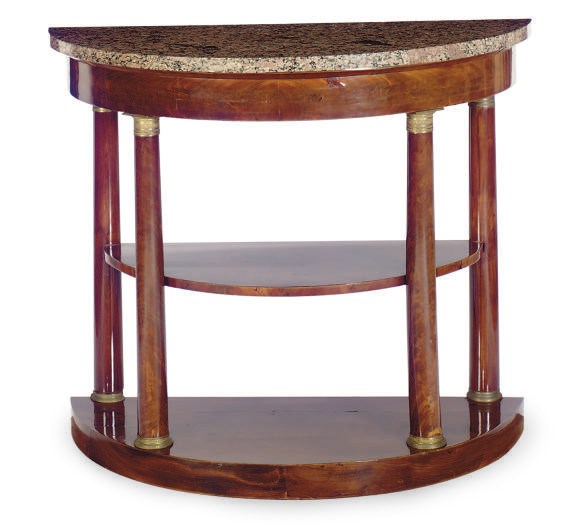A FRENCH ORMOLU-MOUNTED MAHOGANY AND MARBLE TOP DEMILUNE PIER TABLE,