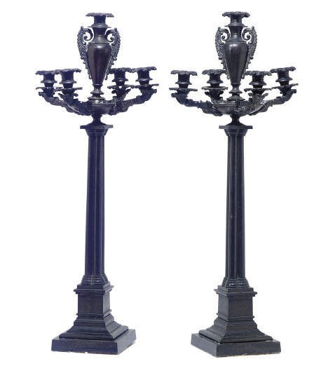 A PAIR OF PATINATED BRONZE FIVE-LIGHT CANDELABRA,