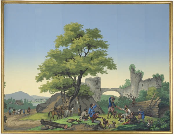 A FRAMED ZUBER PANORAMIC WALLPAPER PANEL,