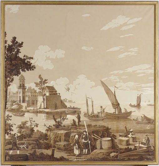 TWO FRENCH FRAMED GRISAILLE WALLPAPER PANELS,