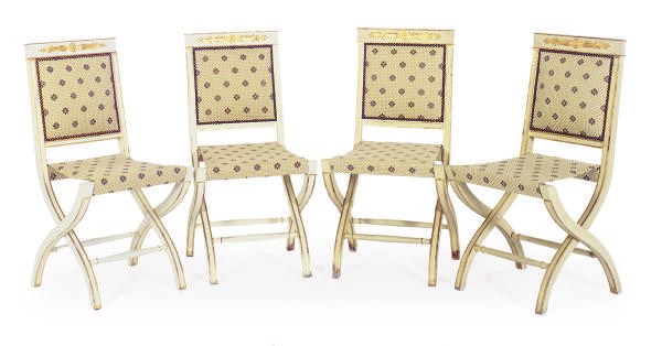 A SET OF EIGHTEEN CONTINENTAL PAINTED AND PARCEL-GILT FOLDING CHAIRS,