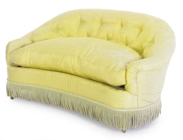 A YELLOW SILK FLORAL UPHOLSTERED SOFA,