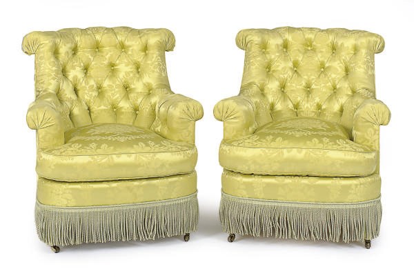 A PAIR OF YELLOW FLORAL SILK SATIN UPHOLSTERED CLUB CHAIRS,
