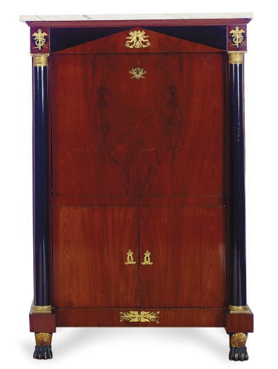 A NORTH EUROPEAN ORMOLU-MOUNTED MAHOGANY AND EBONIZED SECRETAIRE A ABBATANT,