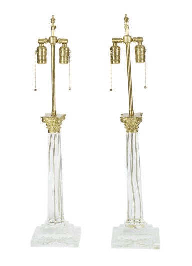 A PAIR OF GILT-METAL MOUNTED CUT-GLASS COLUMNAR TABLE LAMPS,