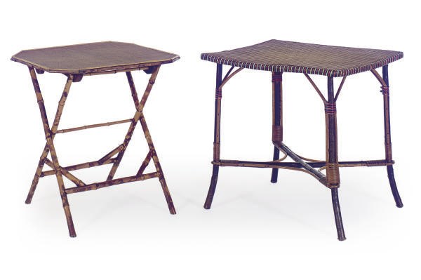 TWO BAMBOO AND WOVEN WICKER SIDE TABLES,