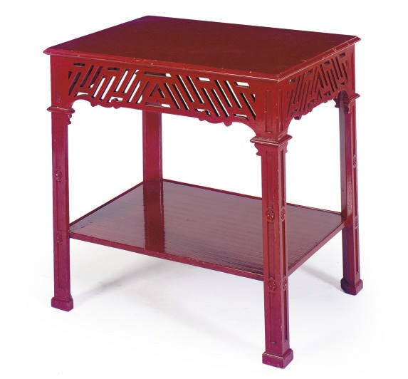 A SCARLET PAINTED TWO-TIER SIDE TABLE,