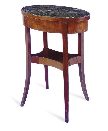 A CONTINENTAL MAHOGANY AND MARBLE TOP OVAL SIDE TABLE,