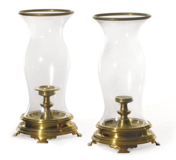 A PAIR OF BRASS AND GLASS PHOTOPHORES,
