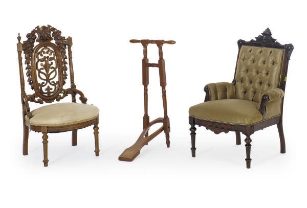 TWO VICTORIAN WALNUT LOW CHAIRS,