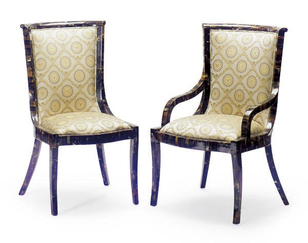 A SET OF HORN AND UPHOLSTERED DINING CHAIRS,