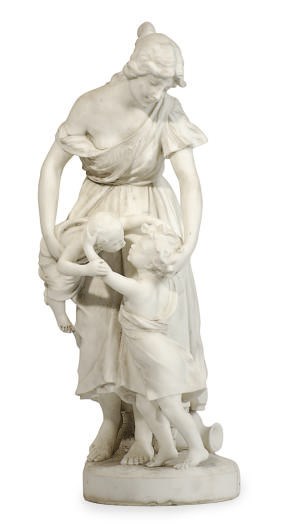 A WHITE MARBLE FIGURAL GROUP OF A MOTHER AND CHILDREN,