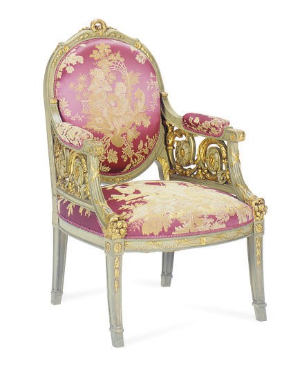 A GREEN-PAINTED AND PARCEL-GILT ARMCHAIR,