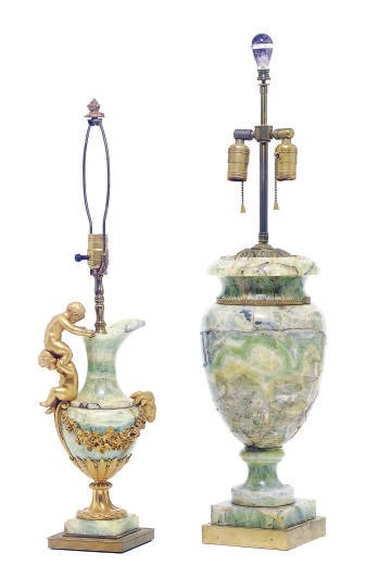 A GILT-BRONZE MOUNTED GREEN QUARTZ URN MOUNTED AS A LAMP,
