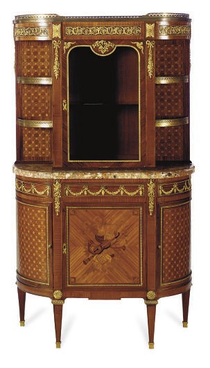 A FRENCH ORMOLU-MOUNTED AMARANTH, MAHOGANY, MARQUETRY AND PARQUETRY VITRINE-CABINET,