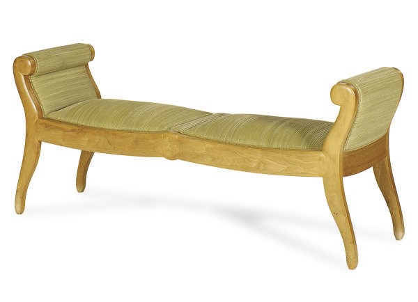 A FRUITWOOD AND UPHOLSTERED BENCH,