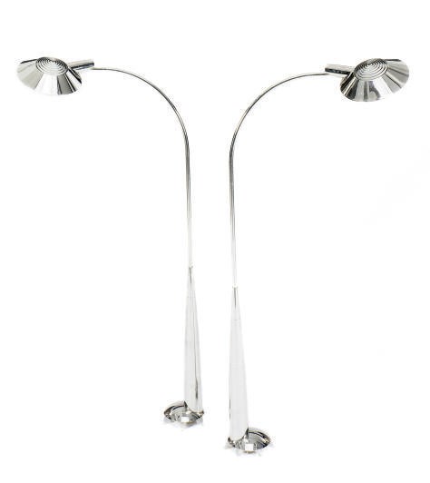 A PAIR OF POLISHED CHROME FLOOR LAMPS,