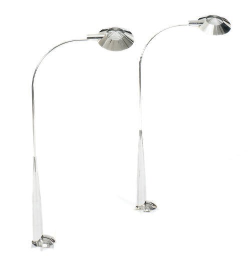 A PAIR OF POLISHED CHROME FLOOR LAMPS,