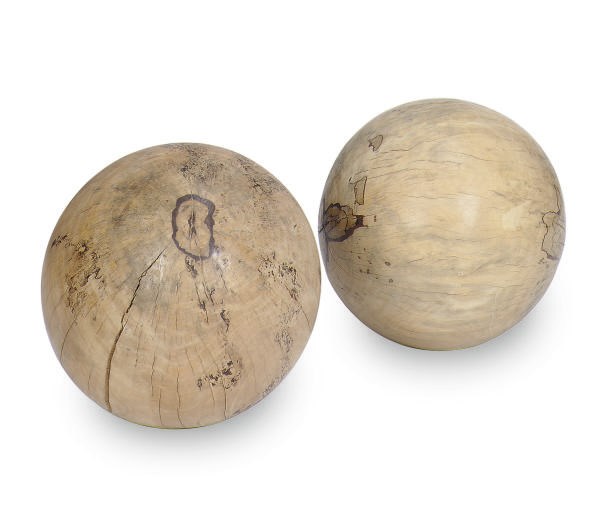 TWO WOOD SPHERES,