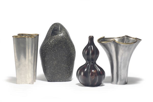 TWO PEWTER AND BRASS VASES,