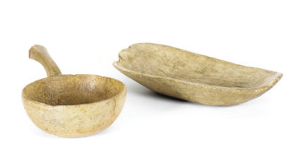 TWO CARVED WOOD VESSELS,
