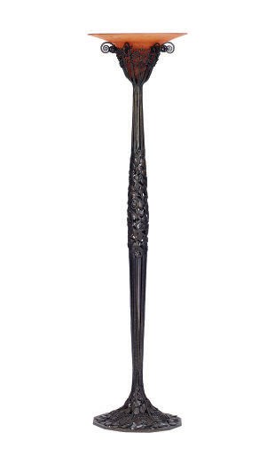 A PATINATED BRONZE AND GLASS FLOOR LAMP,
